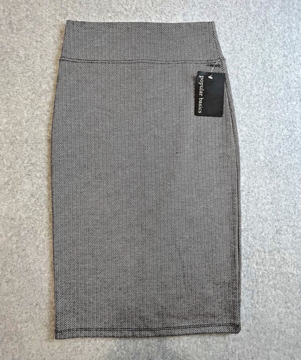 Popular Basics Women's Black White Herringbone Knit Pencil Skirt Sz M Pull On